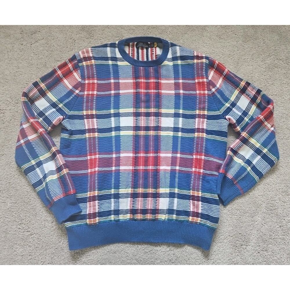 Polo Ralph Lauren XL Blue Plaid Chunky Knit Crewneck Sweater Large Retail $398